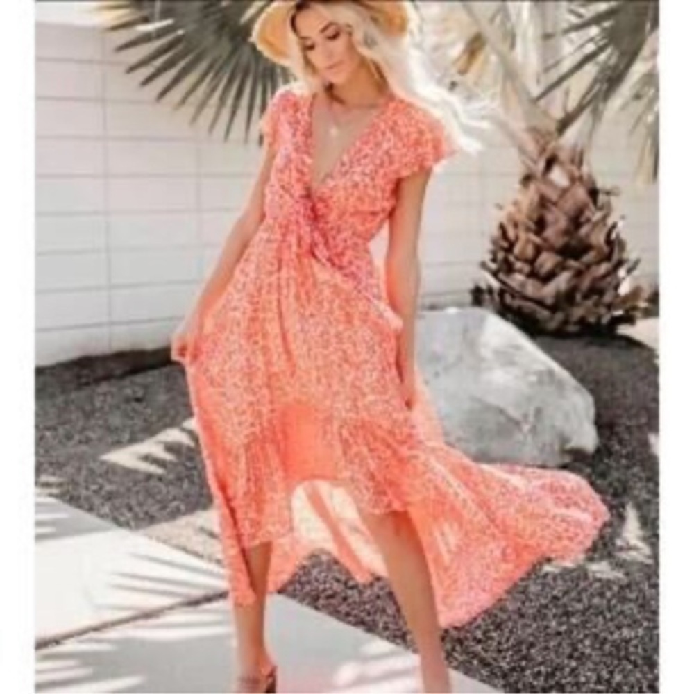 Vici Coral Kissed by the Sun High Low Pocketed Tie Front Maxi Dress Size Med
